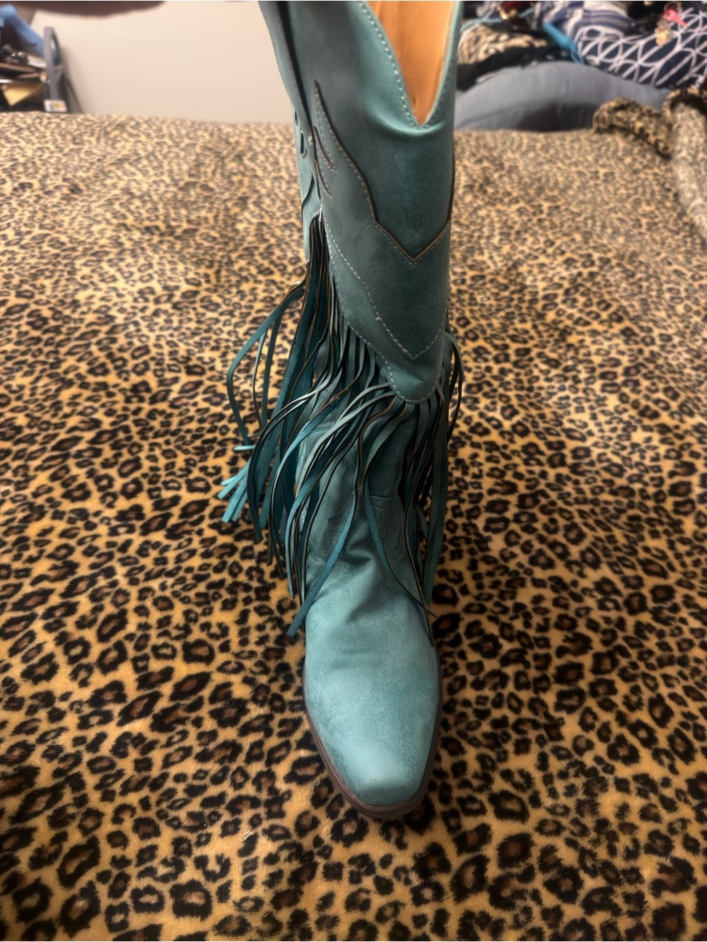 Teal Fringed Western Knee-High Boot - Women